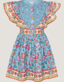 Adara Floral Print Broderie Dress Blue