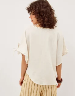 Adela Embroidered Linen Blend Top Ivory