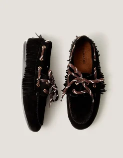 Alba Fringe Suede Moccasin Loafers Black