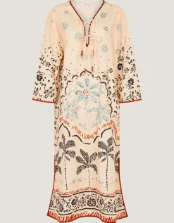 Aleah Tropical Print Midi Kaftan Ivory