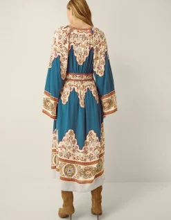 Alexandra Floral Print Boho Midi Dress Teal