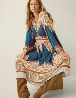 Alexandra Floral Print Boho Midi Dress Teal