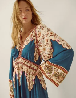 Alexandra Floral Print Boho Midi Dress Teal