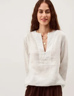 Alexis Knot Button Linen Top White