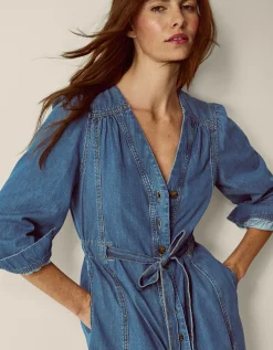 Alison V-Neck Denim Midi Dress Blue