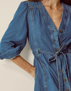 Alison V-Neck Denim Midi Dress Blue