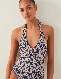 Alwena Abstract Print Halter Swimsuit Black