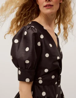 Amara Polka Dot Belted Midi Dress Black