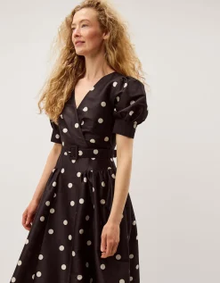 Amara Polka Dot Belted Midi Dress Black