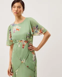 Amber Flutter Floral Print Maxi Dress Green