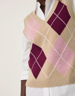 Anne Sleeveless Argyle Knitted Vest Camel