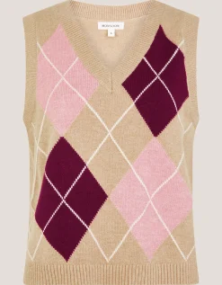 Anne Sleeveless Argyle Knitted Vest Camel
