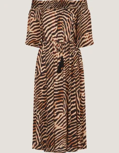 Annie Bardot Animal Print Midi Dress Brown