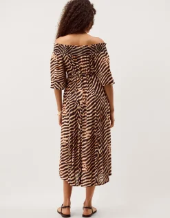 Annie Bardot Animal Print Midi Dress Brown