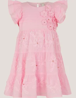 Appliqué Floral Flutter Sleeve Dress Pink