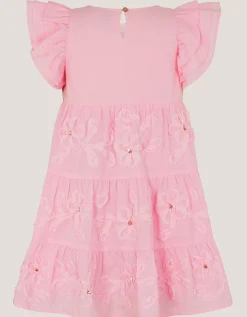 Appliqué Floral Flutter Sleeve Dress Pink