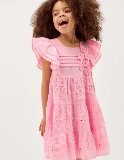 Appliqué Floral Flutter Sleeve Dress Pink
