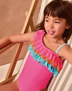 Asymmetrical Broderie Tier Swimsuit Pink