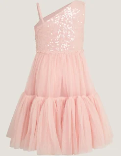 Asymmetrical Sequin Tulle Party Dress Pink