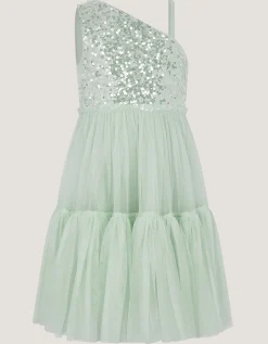 Asymmetrical Sequin Tulle Party Dress Green