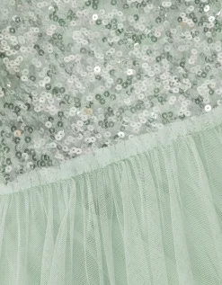Asymmetrical Sequin Tulle Party Dress Green