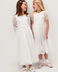 Athena Puff Sleeve Floral Communion Dress White