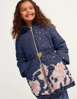 Aurora Floral Print Puffer Coat Blue