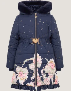 Aurora Floral Print Puffer Coat Blue
