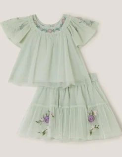 Baby Amina Floral Embroidered Top & Skirt Set Green