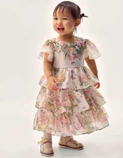 Baby Botanical Print Tiered Party Dress Pink