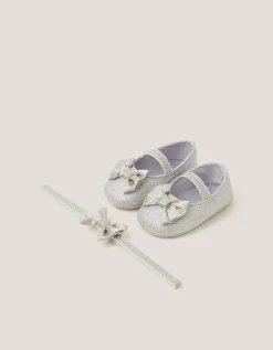 Baby Bow Glitter Booties & Headband Set Silver