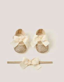 Baby Bow Glitter Headband & Booties Set Gold