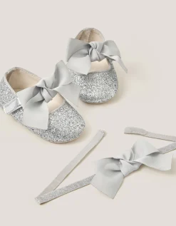 Baby Bow Glitter Headband & Booties Set Silver