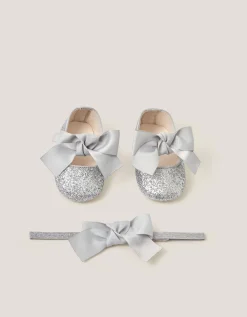 Baby Bow Glitter Headband & Booties Set Silver