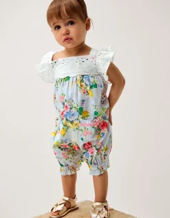 Baby Broderie Floral Stripe Romper Blue