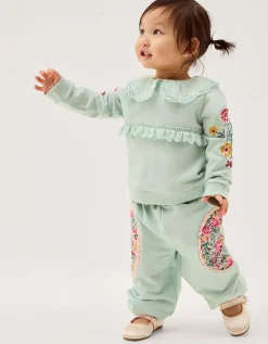 Baby Embroidered Floral Top & Jogger Set Green