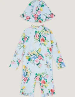 Baby Floral Stripe UPF50+ Swimsuit & Sun Hat Blue