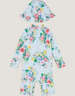 Baby Floral Stripe UPF50+ Swimsuit & Sun Hat Blue