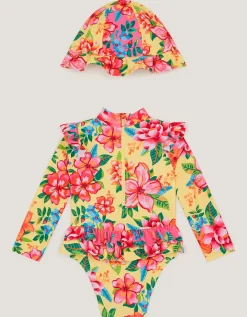 Baby Floral UPF50+ Swimsuit & Hat Yellow