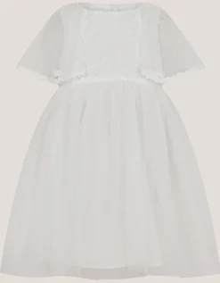 Baby Flutter Sleeve Floral Embroidered Tulle Dress Ivory