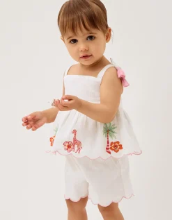 Baby Giraffe Embroidered Top & Shorts Set Ivory