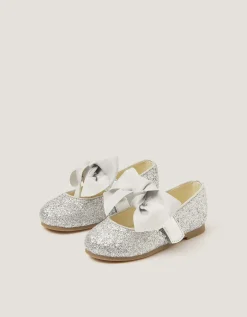 Baby Glitter Bow Mary Jane Ballet Flats Silver