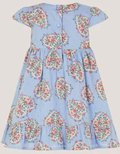 Baby Heart Print Embroidered Panel Dress Blue