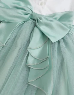 Baby Puff Sleeve Sateen Tulle Party Dress Green