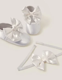 Baby Satin Bow Headband & Booties Set Ivory
