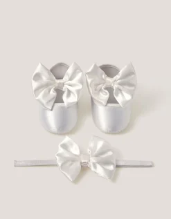 Baby Satin Bow Headband & Booties Set Ivory