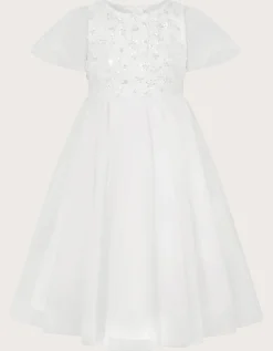 Bella Sequin Flower Communion Dress White