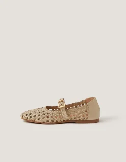 Bessy Woven Leather Mary Jane Ballet Flats Ivory