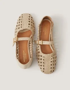 Bessy Woven Leather Mary Jane Ballet Flats Ivory