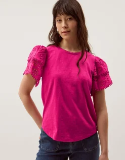 Bev Broderie Sleeve Jersey T-Shirt Pink